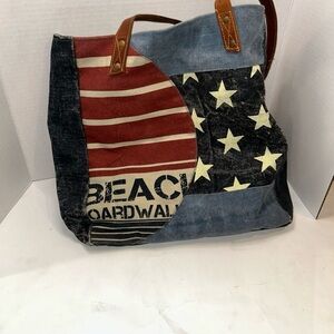 VTG MONA B Stylish Patriotic Canvas Tote with Leather Handles Y2K